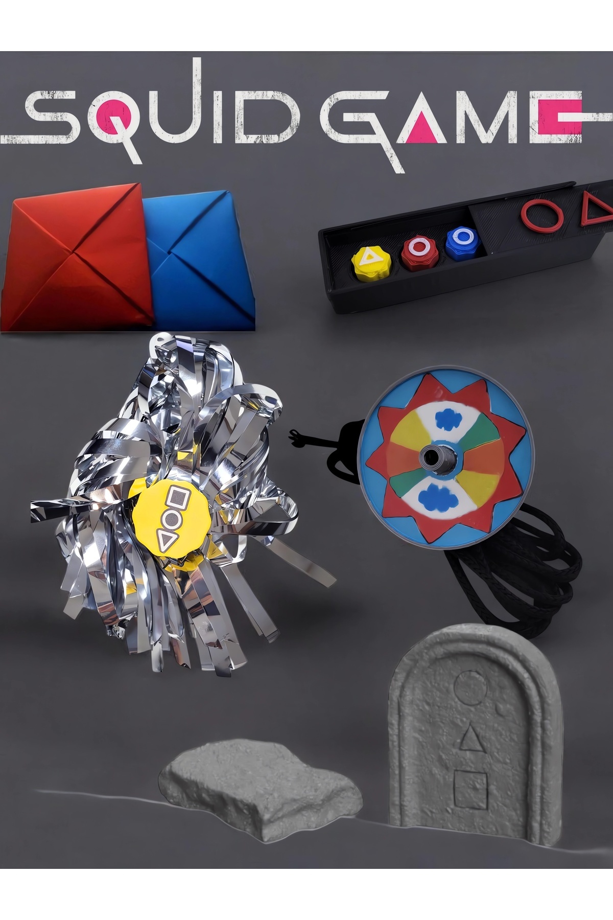 Squid Game Tüm Oyunlar- 5 oyun set- Gonggi 5 taş - Ddakji zarf oyunu - Topaç - Taş devirme - Jegi