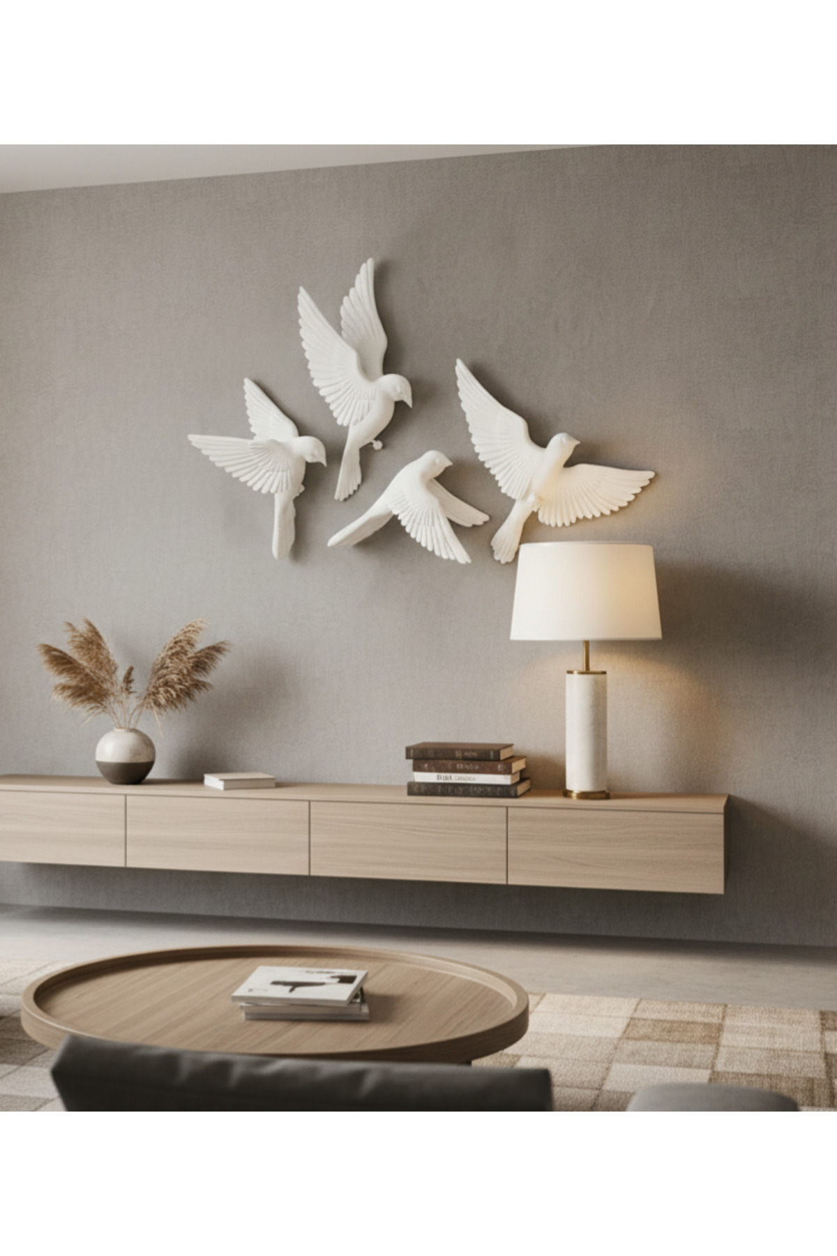 4lü Dekoratif Beyaz Uçan Kuş Duvar Dekoru Seti